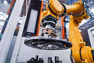 Robotic Arm modern industrial technology. Automated production cell