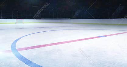 Ice hockey stadium middle rink illuminated view with blinking camera flashes