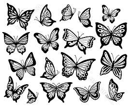 Drawing butterflies. Stencil butterfly, moth wings and flying insects isolated vector illustration set