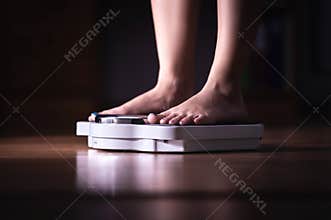 Feet on scale. Weight loss and diet concept. Woman weighing herself. Fitness lady dieting. Weightloss and dietetics.
