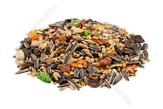 Food for rodents, a pile of cereals, seeds and components isolated on white background, side view.