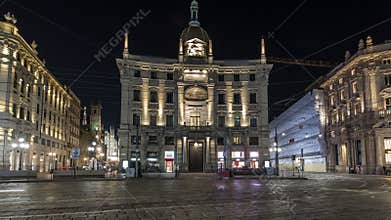 Piazza Cordusio is an important commercial square in the city night timelapse hyperlapse