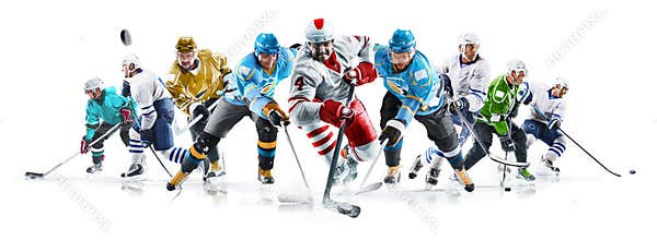 Grand ice hockey collage with professional players on the white background