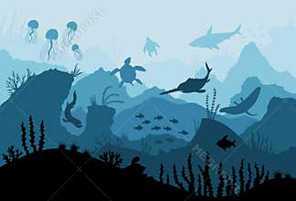 Underwater ocean fauna. Deep sea plants, fishes and animals. Marine seaweed, fish under water and animal silhouette with