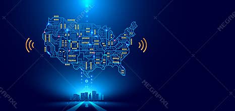Abstract communication network map USA or America as a printed circuit Board. Smart city connected with country. Technology