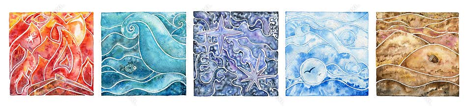 Five natural elements: fire, water, ether, air and earth. Abstract mosaic composition with natural elements.