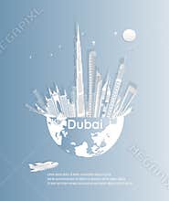 Dubai city skyline on earth in paper cut style vector,Blue background - illustration  Vector