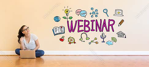 Webinar text with young woman using a laptop computer