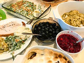 Many Thanksgiving foods ready to be served