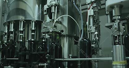 Industrial line of glass bottles, wine bottling equipment