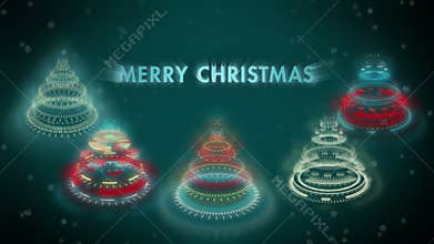 Stylized bizarre Christmas trees, animated Sign Merry Christmass, falling snowflakes.
