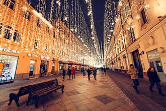 Moscow, Russia, 2018. Christmas and new year lights at Nikolskaya street