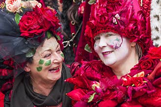 Beautiful costumed senior women with handmade dress full of roses at carnival in Zurich