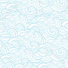Abstract cartoon blue white background, wallpaper. Doodle pattern sea waves, ocean, river, wind. Seamless texture