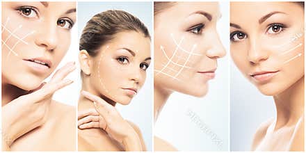 Beautiful face of young and healthy girl in collage collection. Plastic surgery, skin care, cosmetics and face lifting