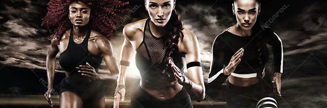A strong athletic, women sprinter, running on dark background wearing in the sportswear, fitness and sport motivation