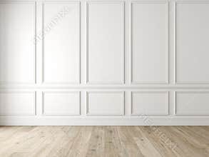 Modern classic white empty interior with wall panels and wooden floor.