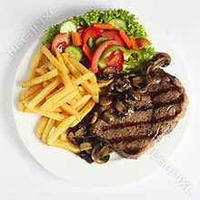 Ribeye steak dinner from above