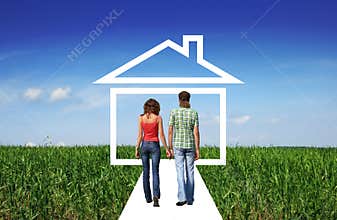 Couple holding hands and going to home