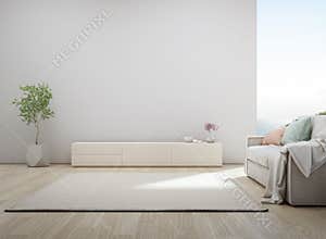 Sea view living room of luxury summer beach house with TV stand and wooden cabinet.