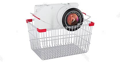 Mirrorless digital camera adding to shopping basket, 3d animation. 3D rendering
