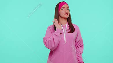 Girl say no hold palm folded crossed hands in stop gesture, warning of finish, prohibited access