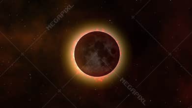 Solar eclipse. Beautiful bokeh from the light of the sun. Stars, outer space and nebula. High quality realistic video. 3D animatio