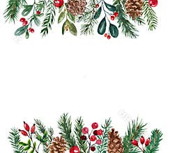 Festive winter frame with watercolor greenery, pine branches, red berries on white background. Holiday borders. Hand painted