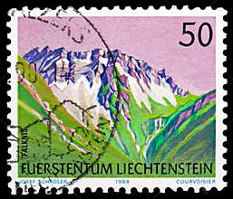 Postage stamp printed in Liechtenstein shows Falknis, Mountains serie, circa 1989