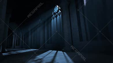 Scary medieval castle corridor at night. moonlight passing through windows.