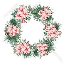 Watercolor Christmas tree wreath with Poinsettia flowers and  berries decoration clipart, Winter frame illustration, cute holidays