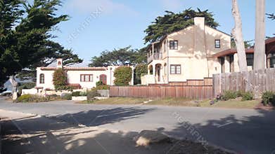 Suburban street, residential district, houses or homes, California architecture.