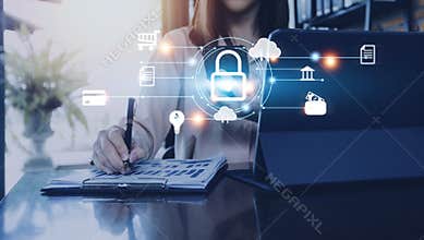 Cybersecurity and privacy concepts to protect data. Lock icon and internet network security technology. Businessman protecting