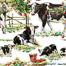 Seamless pattern with dairy cows on the glade. watercolor animal hand drawn illustration. Farm animals.