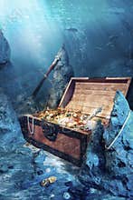 Open treasure chest with bright gold underwater