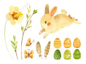 Easter clipart set with cute rabbit. Baby bunny, Easter eggs and feathers and spring flowers.
