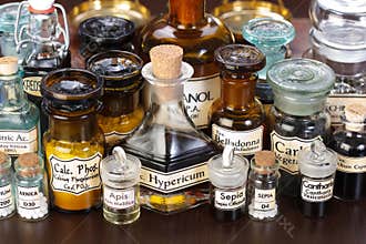 Various pharmacy bottles of homeopathic medicine