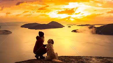 Adventurous Girl Hiking on top of a Mountain with a dog. Cinemagraph Continuous Loop Animation.