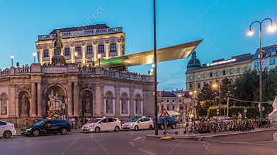 Night view of equestrian statue of Archduke Albert in front of the Albertina Museum day to night timelapse in Vienna
