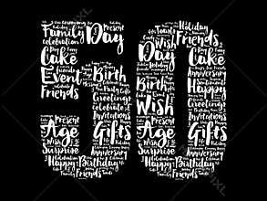 Happy 50th birthday word cloud, holiday concept background