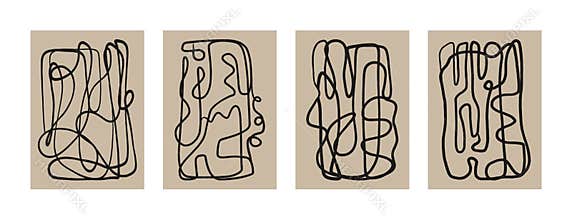 Abstract boho art print set. Modern mid century posters for wall decor, contemporary wallpaper design. Vector