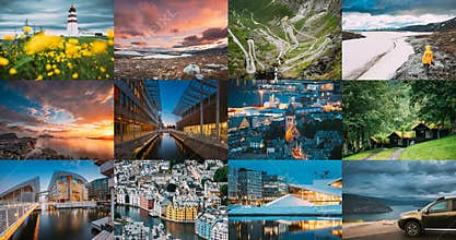 Travel Photos Set Bunch Pack Norway. Oslo, Alesund. Famous Popular Places And Landmarks Destination Scenics. Scandinavia