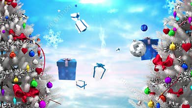Animation of two decorated christmas trees, with falling snowflakes, gifts and baubles on blue sky
