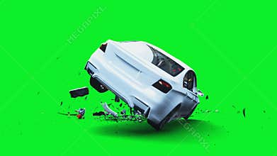 white generic 3d car crashes into invisible wall. Car accident concept. Green screen 4k animation.