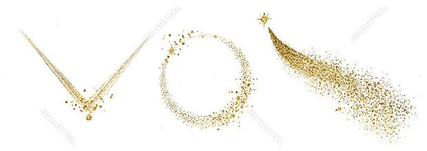 Golden foil frames set: triangular, circle. Gold foil illustrations isolated on white. Christmas star flying. Realistic