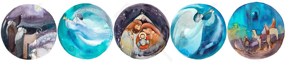 Watercolor illustrations with the nativity scene of St. Mary, Joseph and Jesus in a manger, three wise men on camels, shepherds