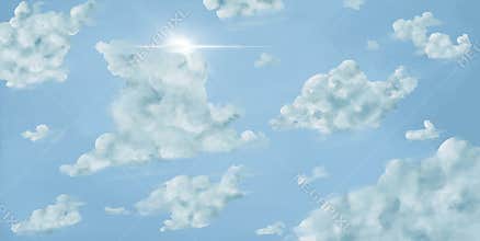 Sunny background, blue sky with white clouds and sun, illustration.