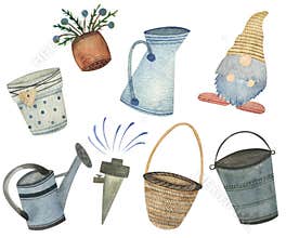 Watercolor set of garden decor illustrations clipart with ghome, pots, watering cans