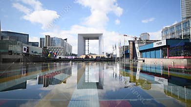 Fountain of the La Defense and business district center of Paris West