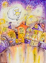 Childrens illustration of cats in town.